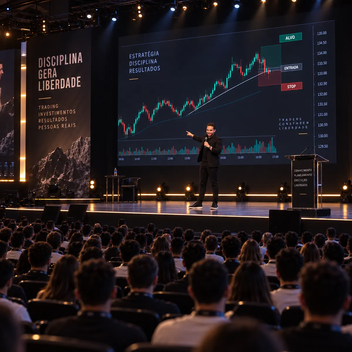 Higor no palco, explicando um gráfico de operações para uma plateia.